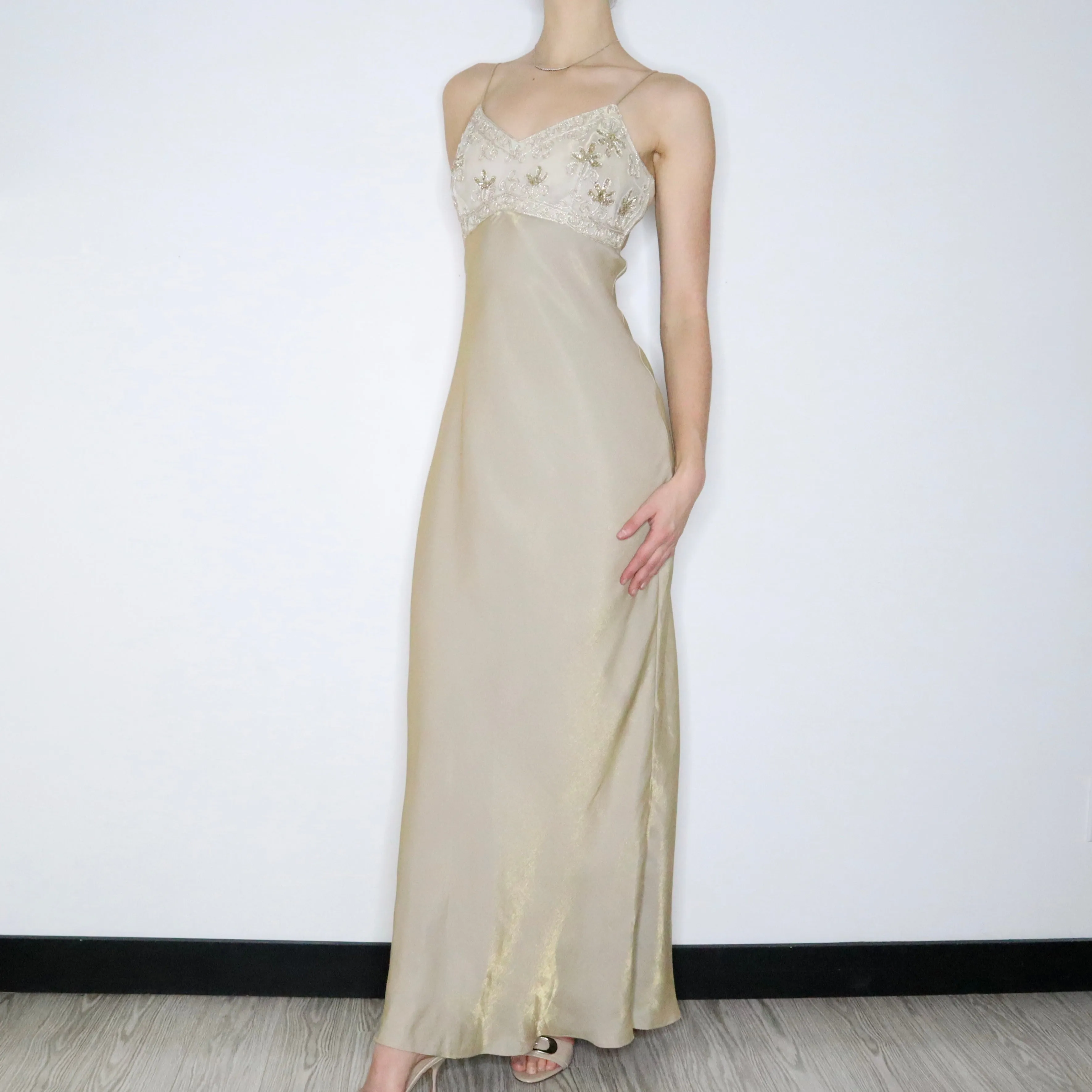 90s Elegant Gold Shimmer Prom Dress (M)