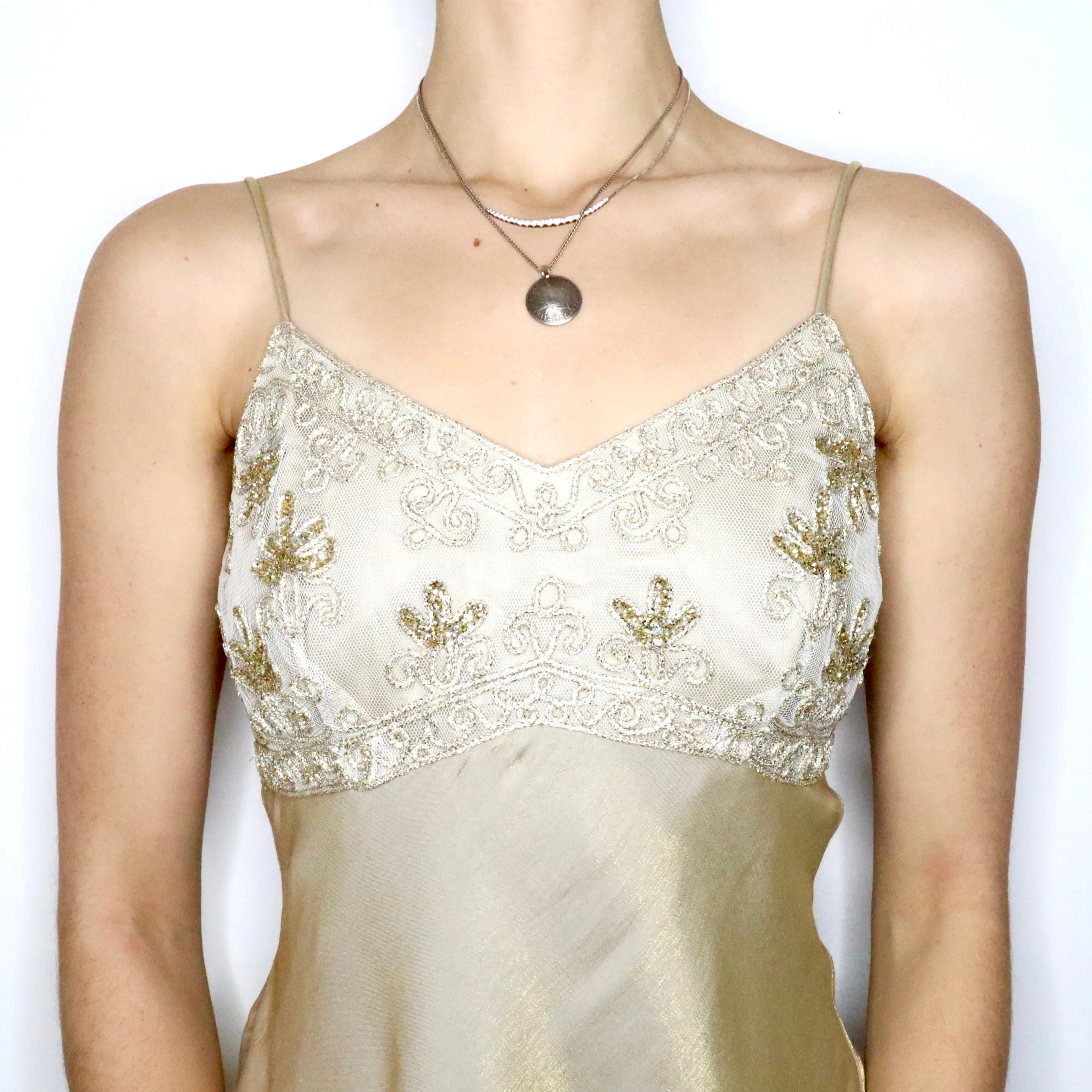 90s Elegant Gold Shimmer Prom Dress (M)