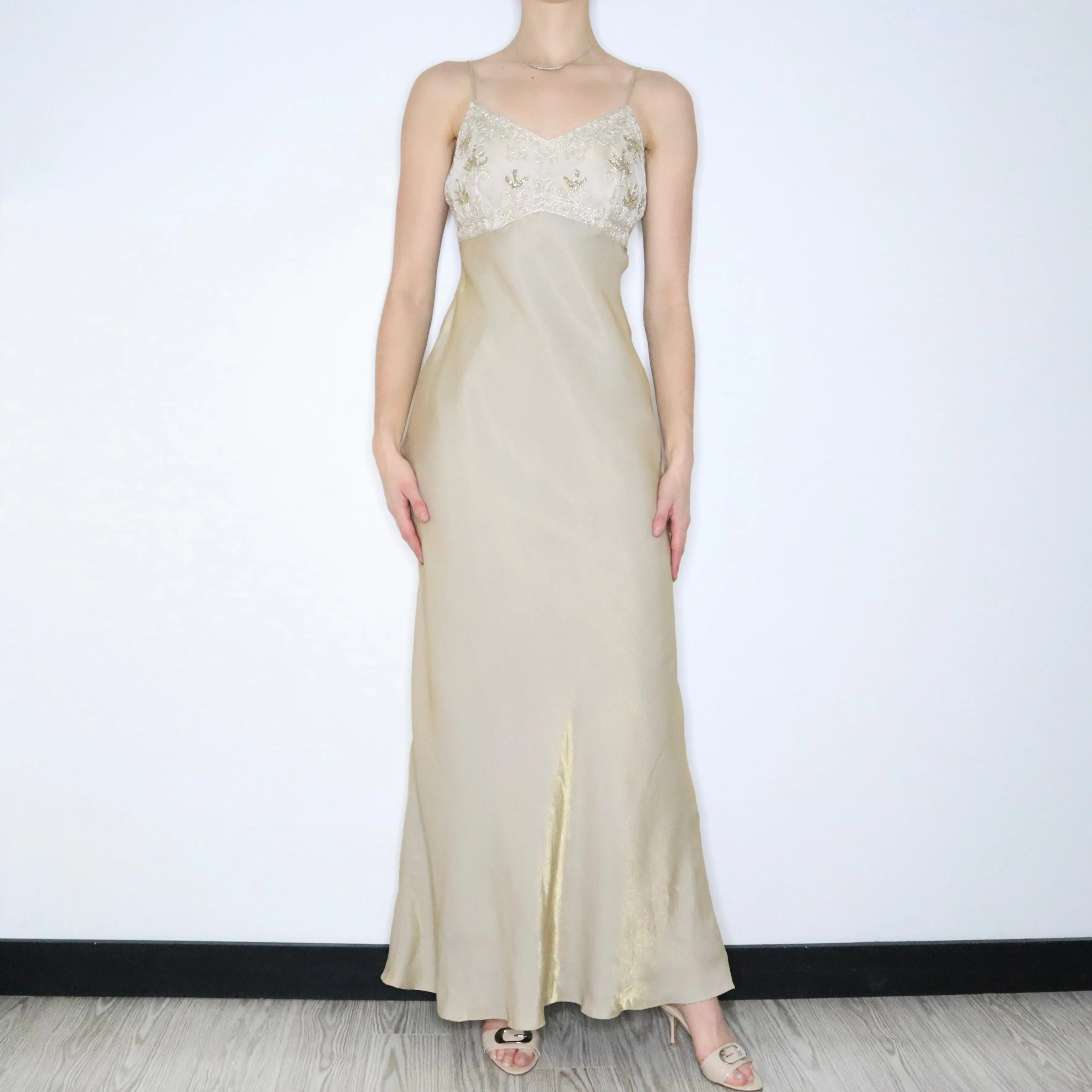 90s Elegant Gold Shimmer Prom Dress (M)