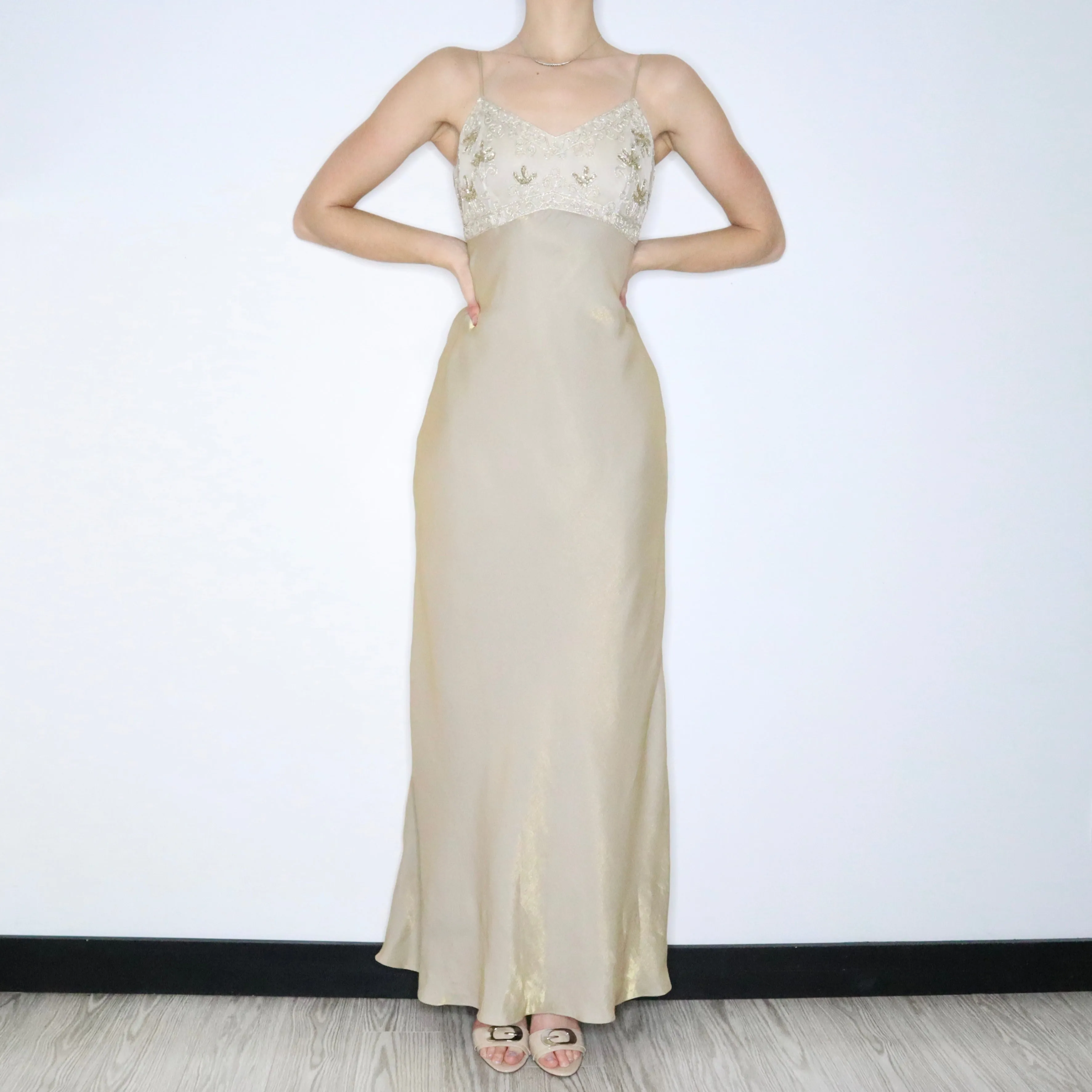 90s Elegant Gold Shimmer Prom Dress (M)