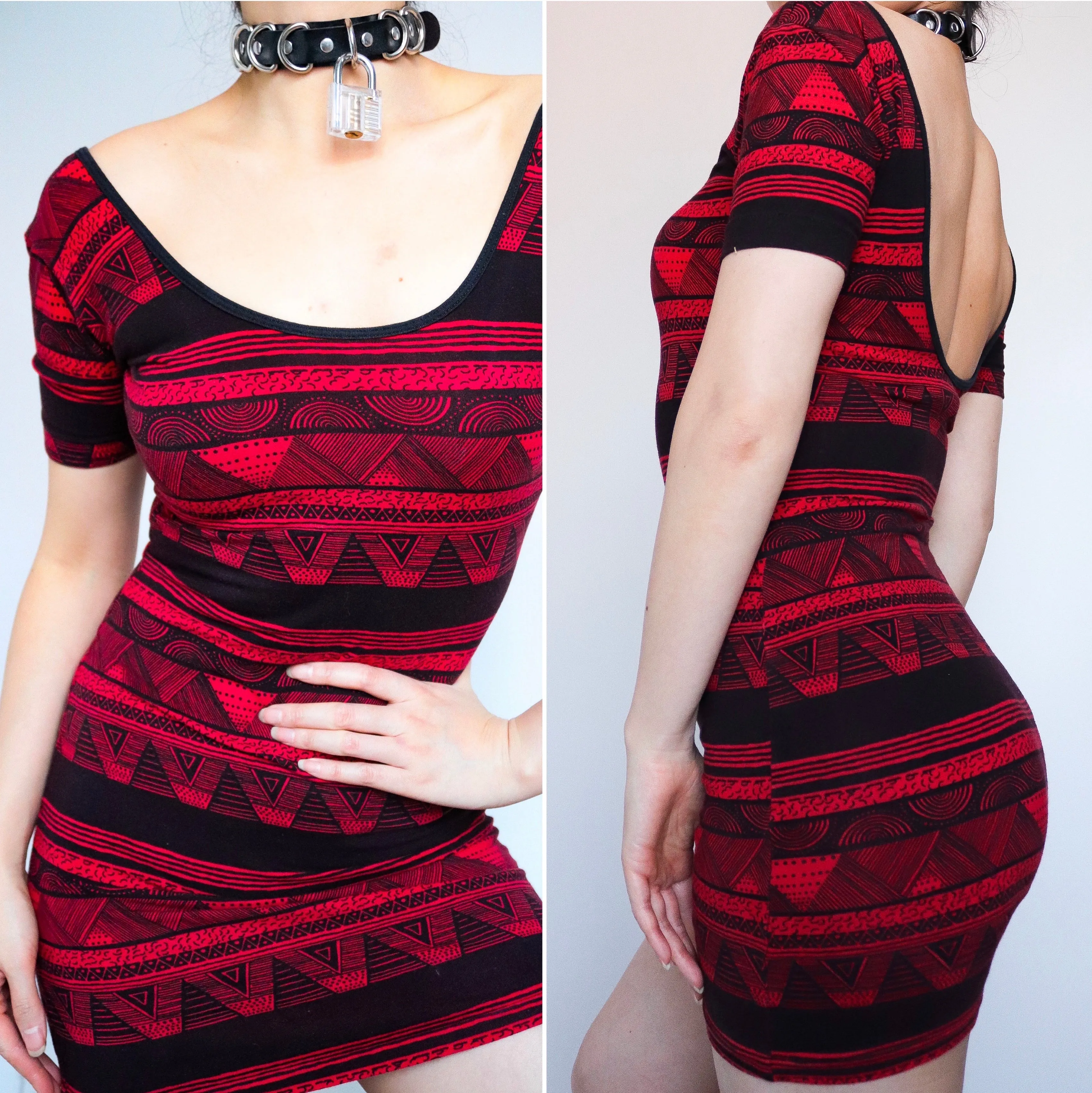 90S RED BLACK SHORT SLEEVES SCOOP BACK NECK STRETCHY DRESS