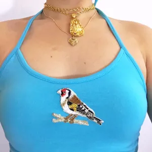 BIRD STRETCHY HALTER NECK TIES CROP TOP