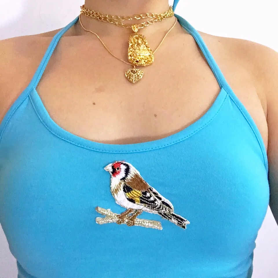 BIRD STRETCHY HALTER NECK TIES CROP TOP