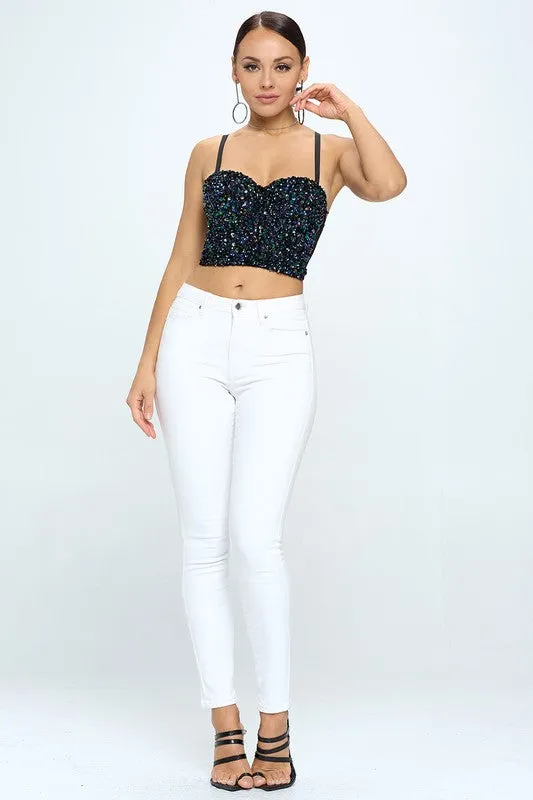 Black Mixed Sequin Bustier Top