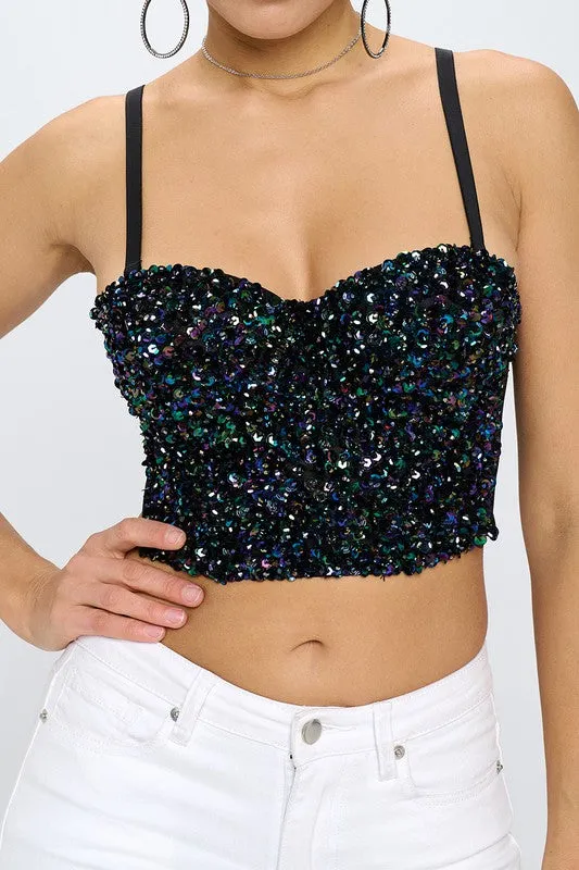 Black Mixed Sequin Bustier Top