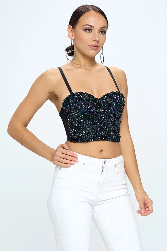 Black Mixed Sequin Bustier Top