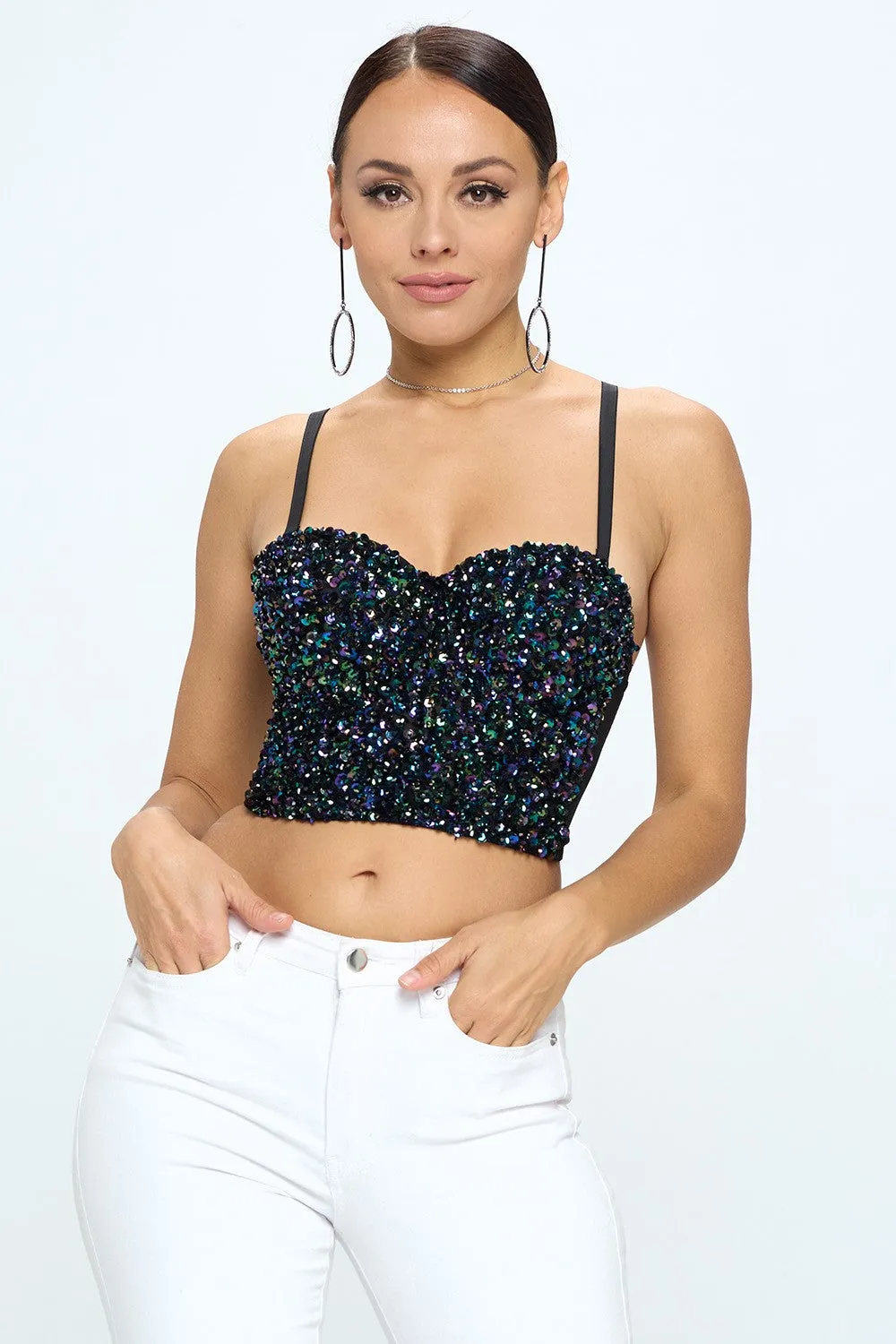 Black Mixed Sequin Bustier Top