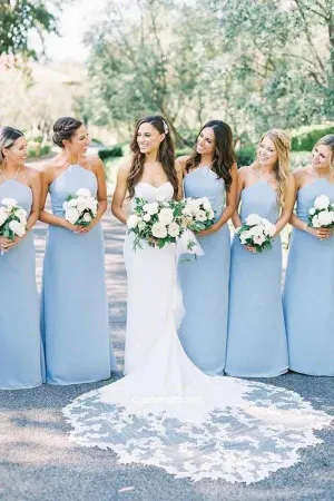 Bridesmaid Dresses Elegant Sheath Halter Light Blue Satin Long