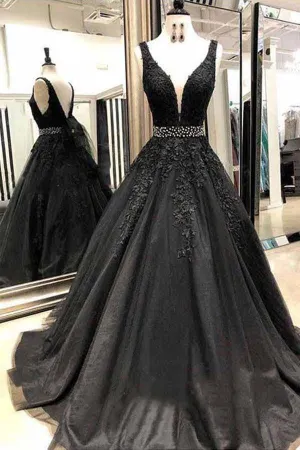 Classy Long A-Line Wide Straps Open Back Black Prom Dress