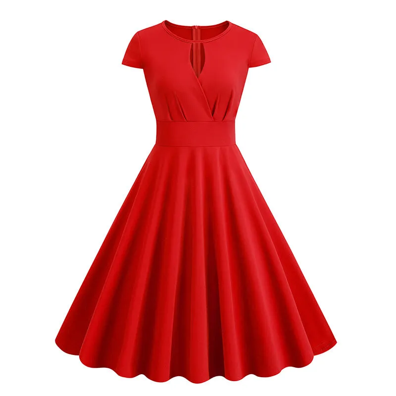 Crew Neck Women's Dresses New V-neck Retro Short-sleeved Dress