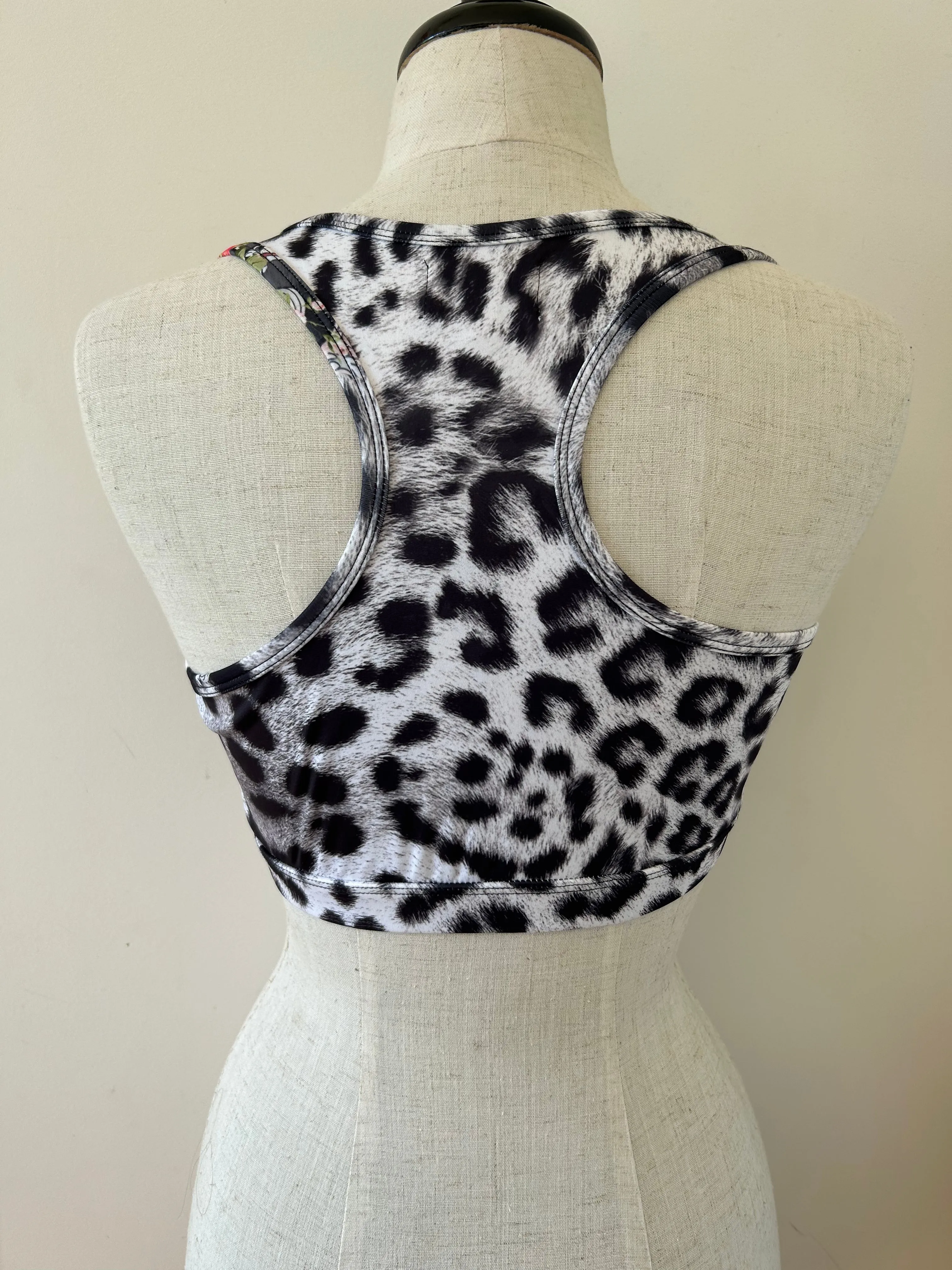 Cropped racer back top snow leopard