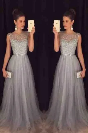 Elegant Gray Tulle Long A Line Prom Dress,Formal Party Dresses PFP0116