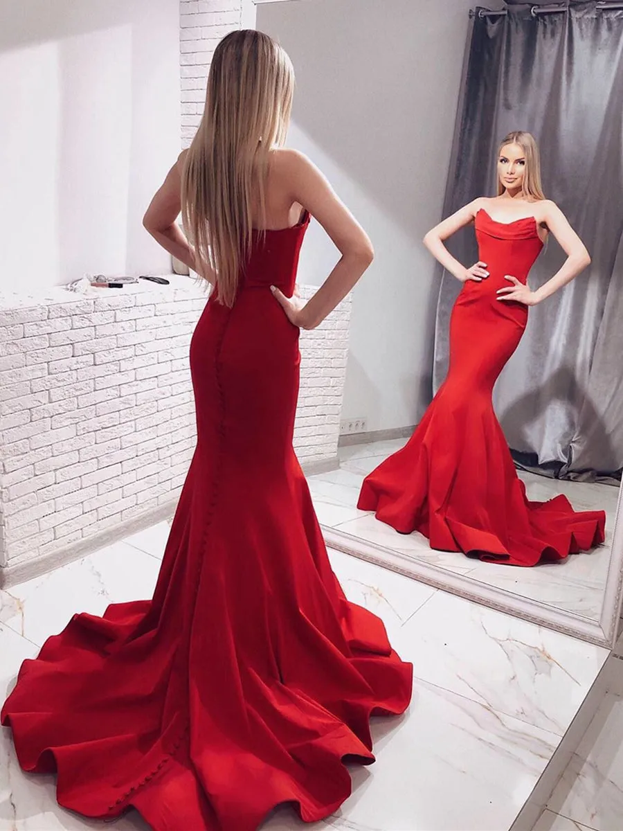 Elegant Mermaid Strapless Satin Long Prom Dresses Red Formal Evening Gowns