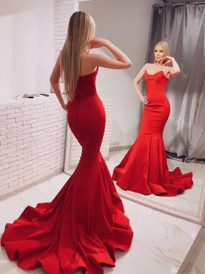 Elegant Mermaid Strapless Satin Long Prom Dresses Red Formal Evening Gowns
