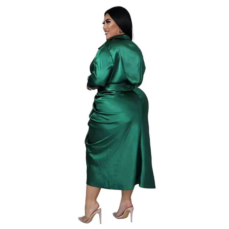 Elegant Plus Size Ruched Long Sleeve Lace-up Midi Dresses
