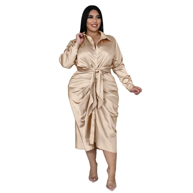 Elegant Plus Size Ruched Long Sleeve Lace-up Midi Dresses