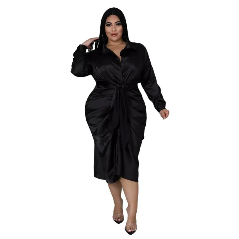 Elegant Plus Size Ruched Long Sleeve Lace-up Midi Dresses