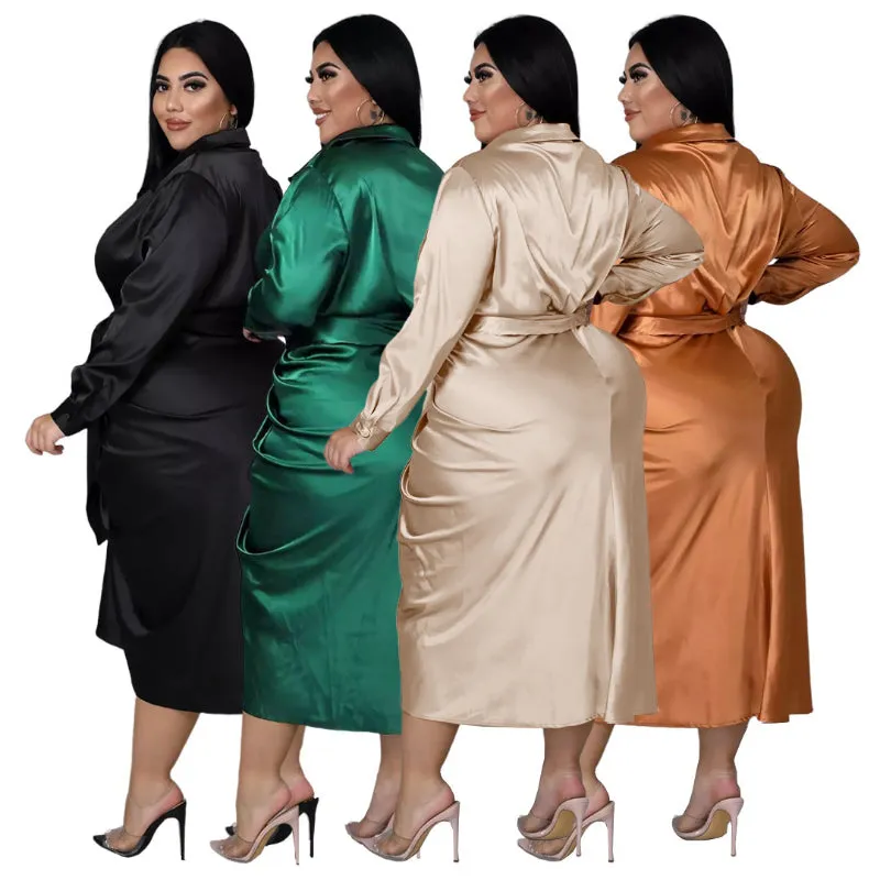 Elegant Plus Size Ruched Long Sleeve Lace-up Midi Dresses