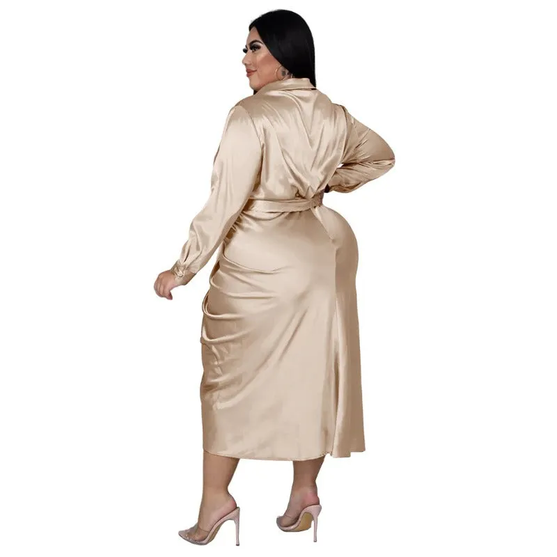 Elegant Plus Size Ruched Long Sleeve Lace-up Midi Dresses