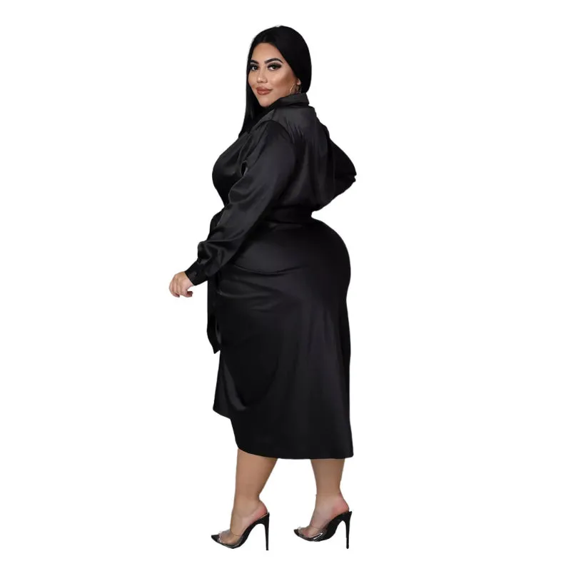 Elegant Plus Size Ruched Long Sleeve Lace-up Midi Dresses