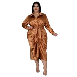 Elegant Plus Size Ruched Long Sleeve Lace-up Midi Dresses