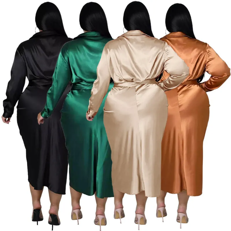 Elegant Plus Size Ruched Long Sleeve Lace-up Midi Dresses