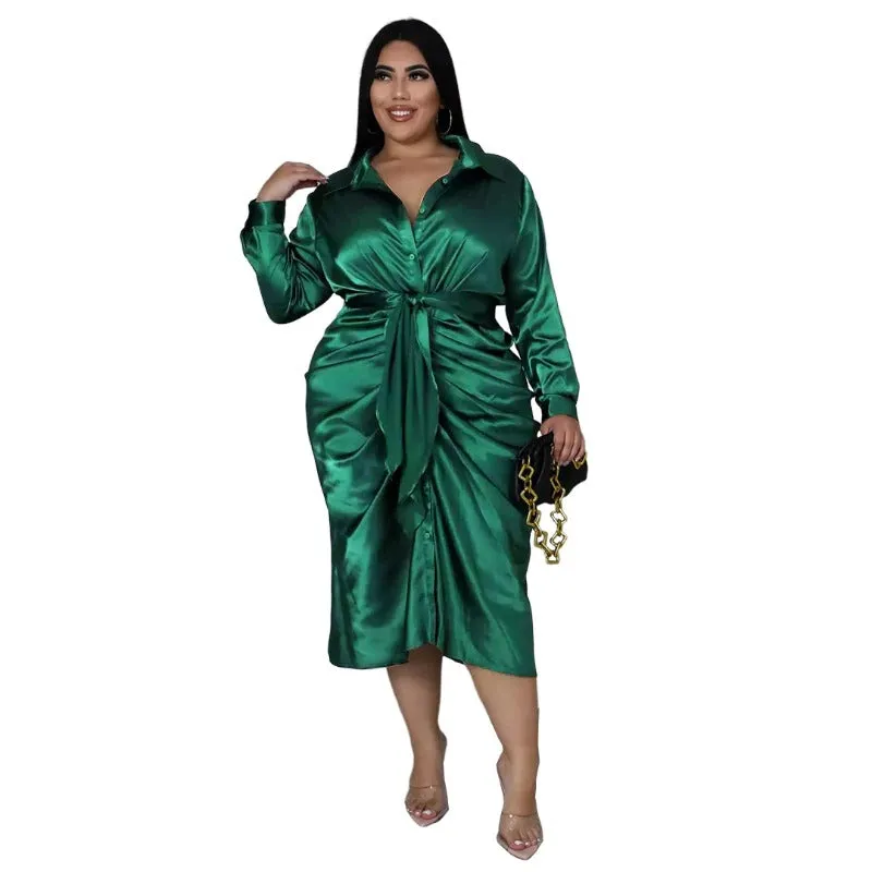 Elegant Plus Size Ruched Long Sleeve Lace-up Midi Dresses