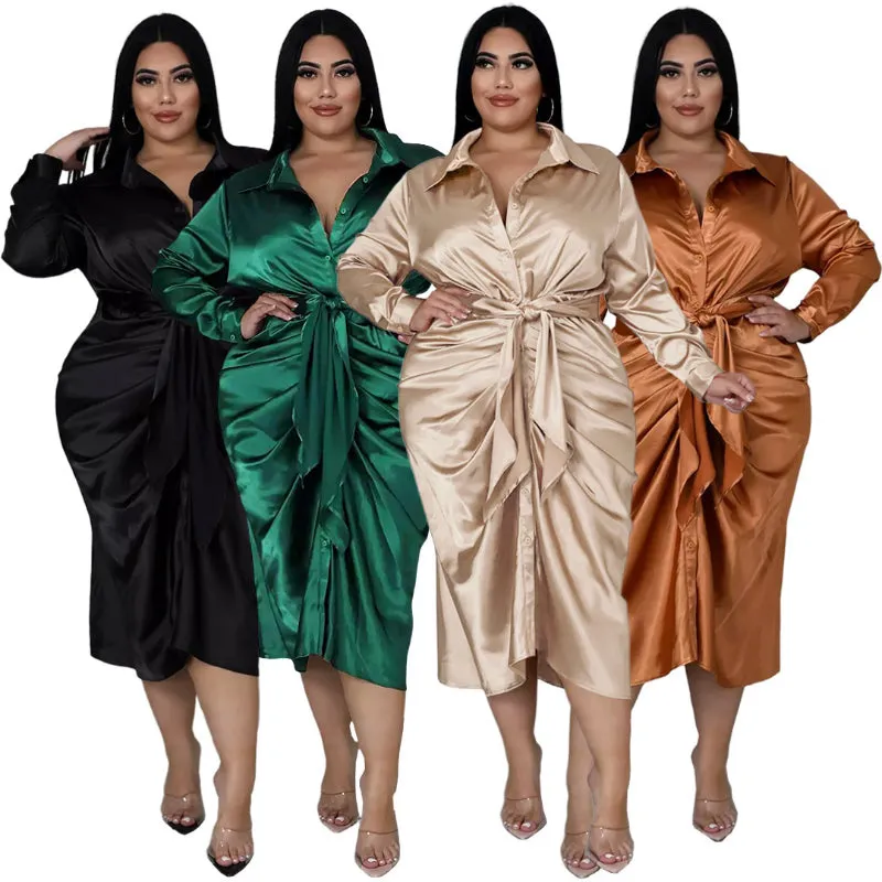 Elegant Plus Size Ruched Long Sleeve Lace-up Midi Dresses