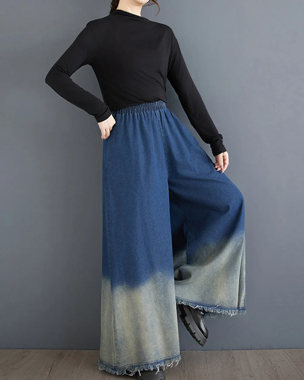 ellazhu Women's Pants Elastic Waist Wide Leg Pockets Color Block Baggy Loose Oversize Trouser GZ315