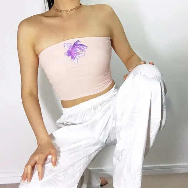 FLORAL PINK RIB STRETCHY TUBE TOP