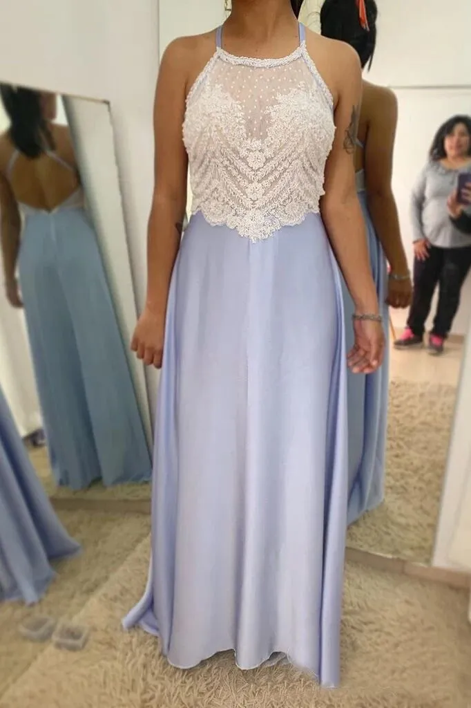 Halter Neckline Lilac Chiffon Lace Appliques Long Prom Dresses PFP1750