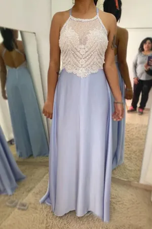 Halter Neckline Lilac Chiffon Lace Appliques Long Prom Dresses PFP1750