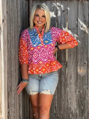 Melinda Orange & Blue Aztec Blouse by Ivy Jane