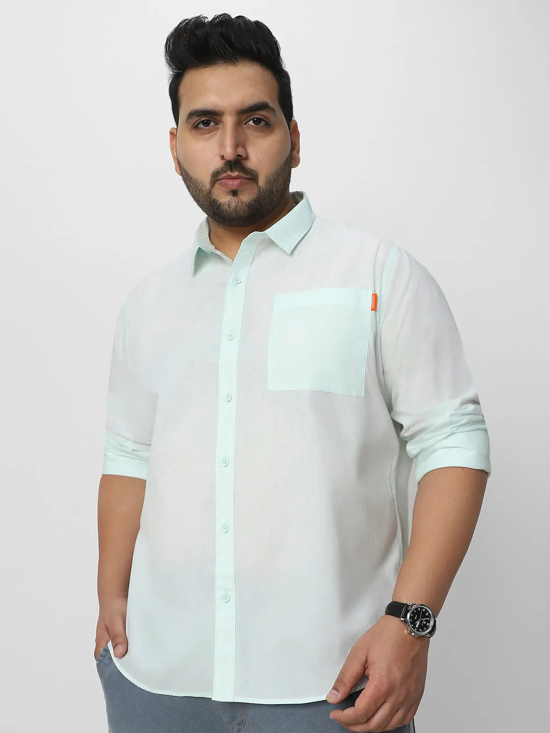 Plus Men's Pastel Blue Cotton Full Sleeve Regular Fit Casual Solid Shirt