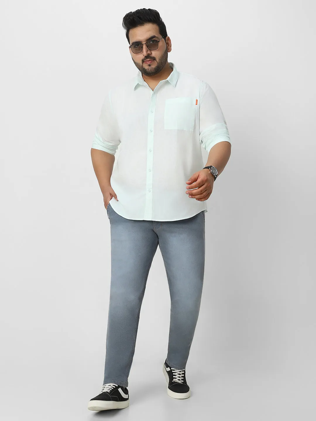 Plus Men's Pastel Blue Cotton Full Sleeve Regular Fit Casual Solid Shirt
