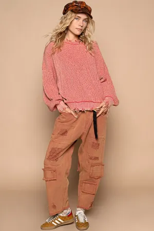 POL Solid Color Vintage Washed Distressed Sweater in Red Brick