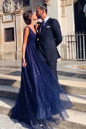 Promfast Shiny A Line V Neck Navy Blue Backless Prom Dresses, V Back Navy Formal Evening Dresses PFP1824