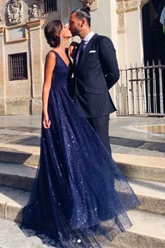 Promfast Shiny A Line V Neck Navy Blue Backless Prom Dresses, V Back Navy Formal Evening Dresses PFP1824