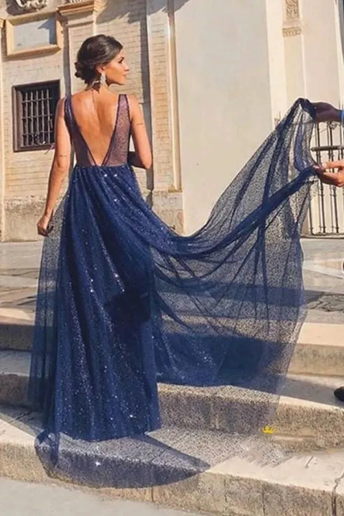 Promfast Shiny A Line V Neck Navy Blue Backless Prom Dresses, V Back Navy Formal Evening Dresses PFP1824