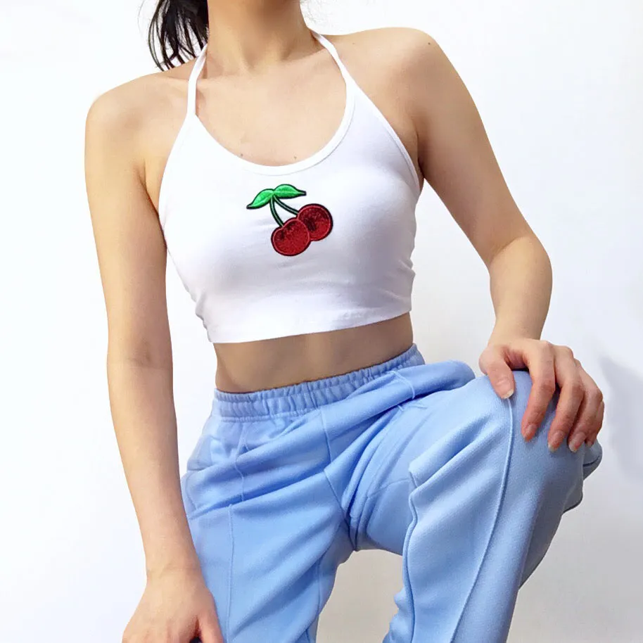 RED CHERRY STRETCHY HALTER NECK TIES CROP TOP