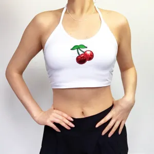 RED CHERRY STRETCHY HALTER NECK TIES CROP TOP