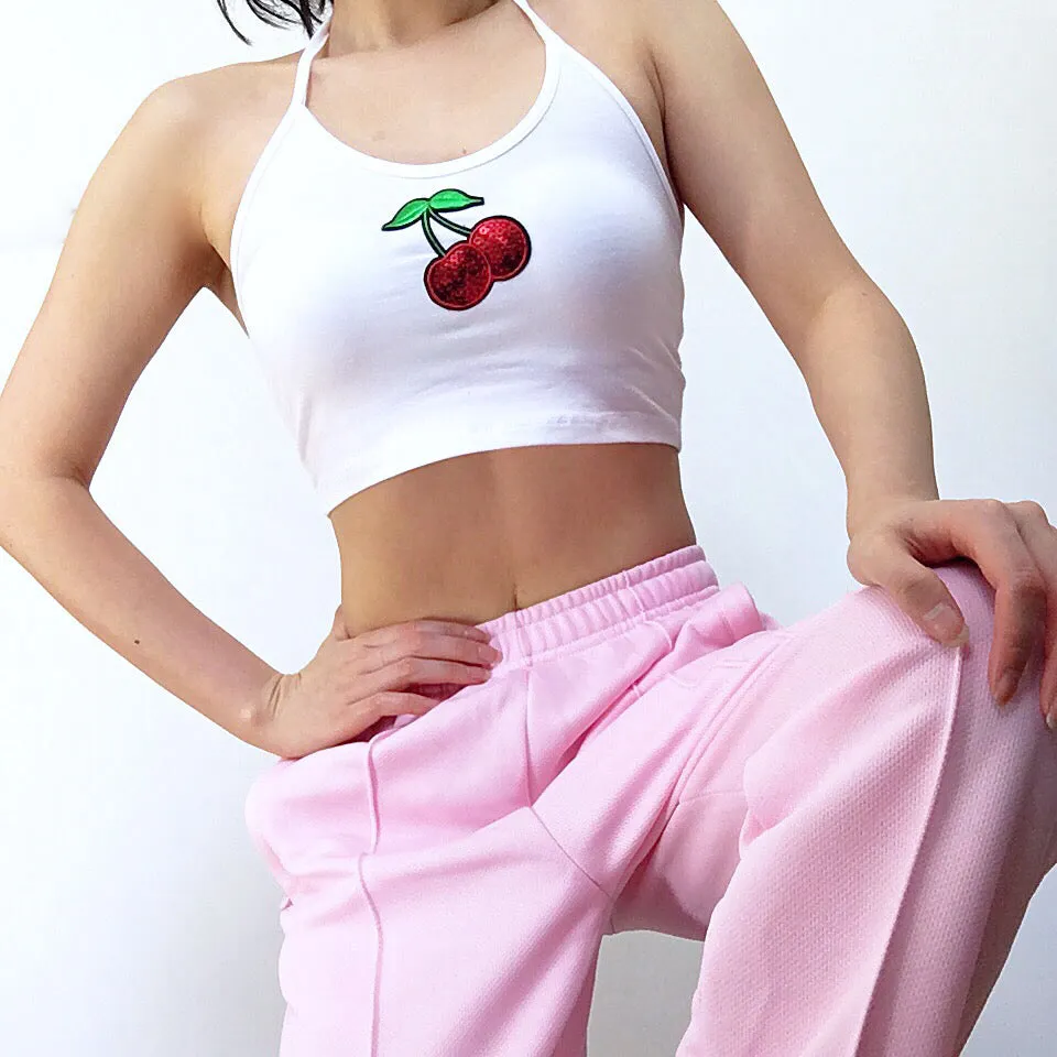 RED CHERRY STRETCHY HALTER NECK TIES CROP TOP