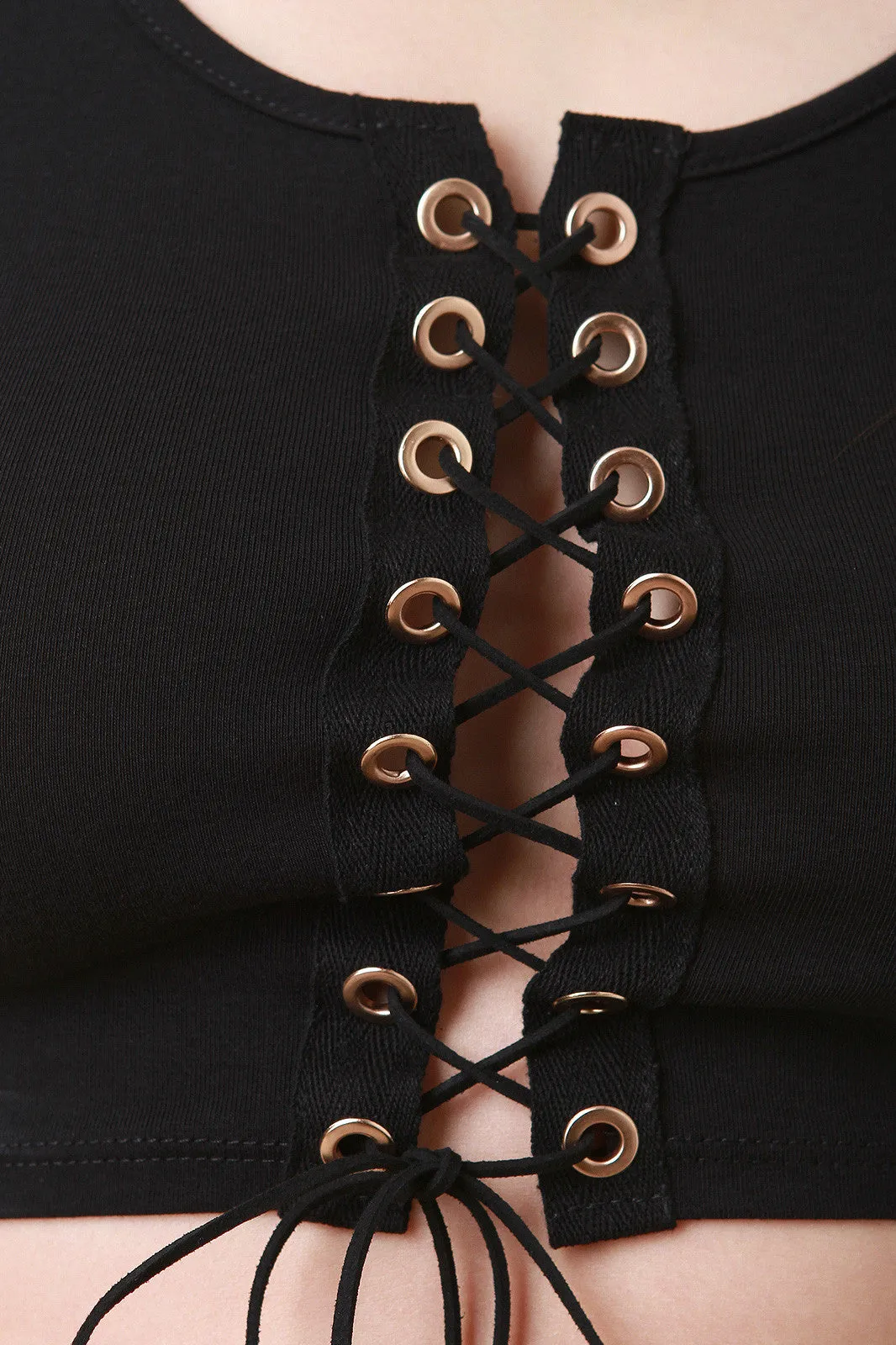 Self-Lace Up Stretchy Knit Crop Top