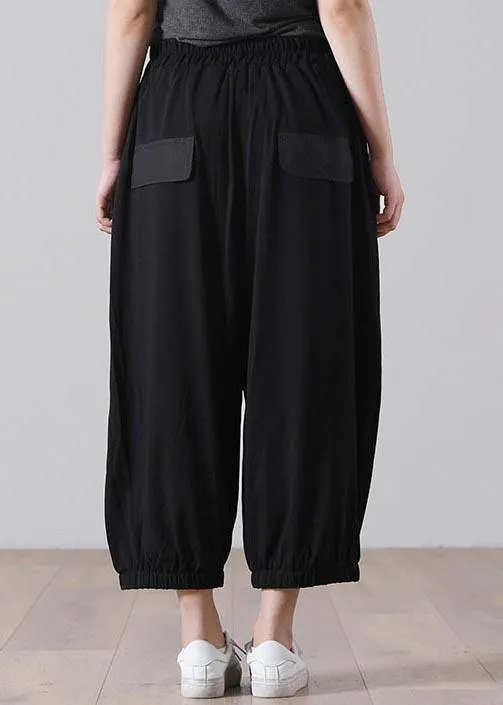 Simple Black Graphic Pockets Pants Summer Cotton