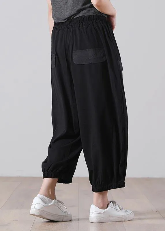 Simple Black Graphic Pockets Pants Summer Cotton