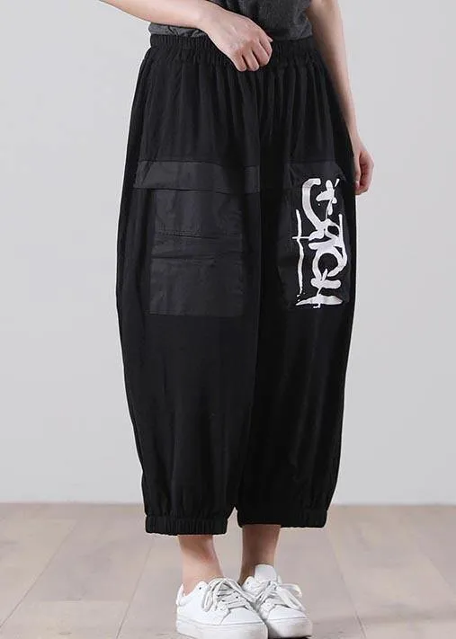 Simple Black Graphic Pockets Pants Summer Cotton