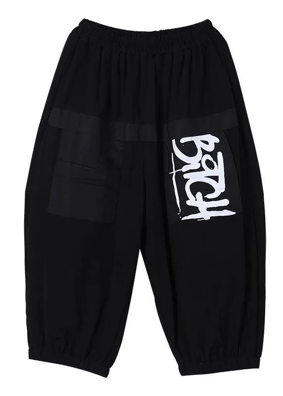 Simple Black Graphic Pockets Pants Summer Cotton