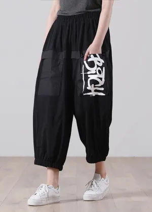 Simple Black Graphic Pockets Pants Summer Cotton