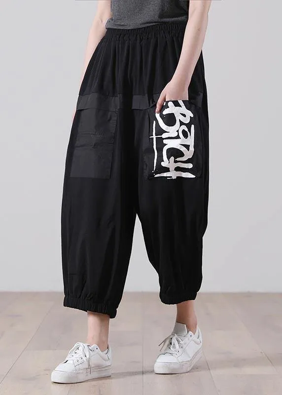 Simple Black Graphic Pockets Pants Summer Cotton