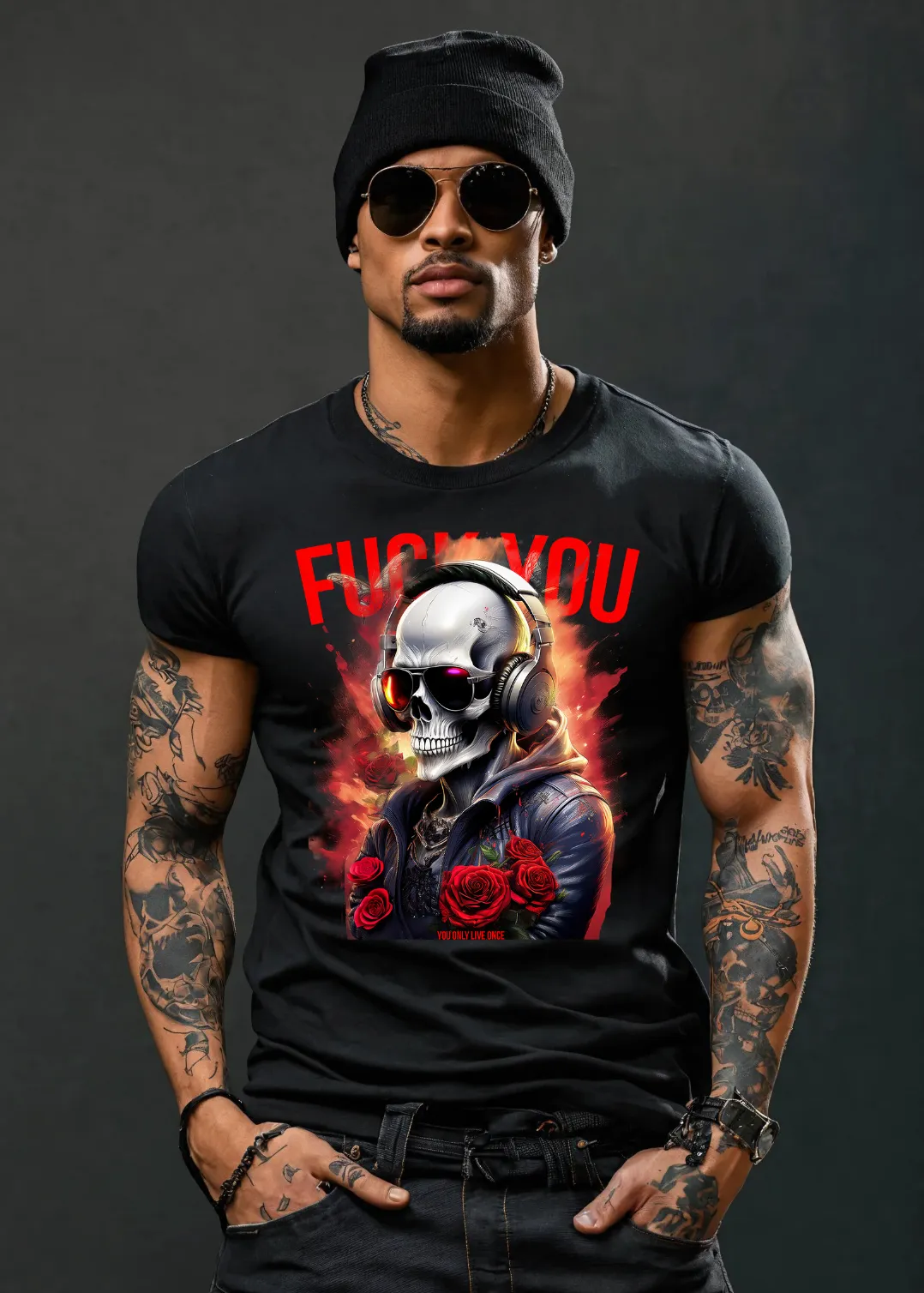 Skull Fuck You Red Roses Art T-Shirts | GM TM